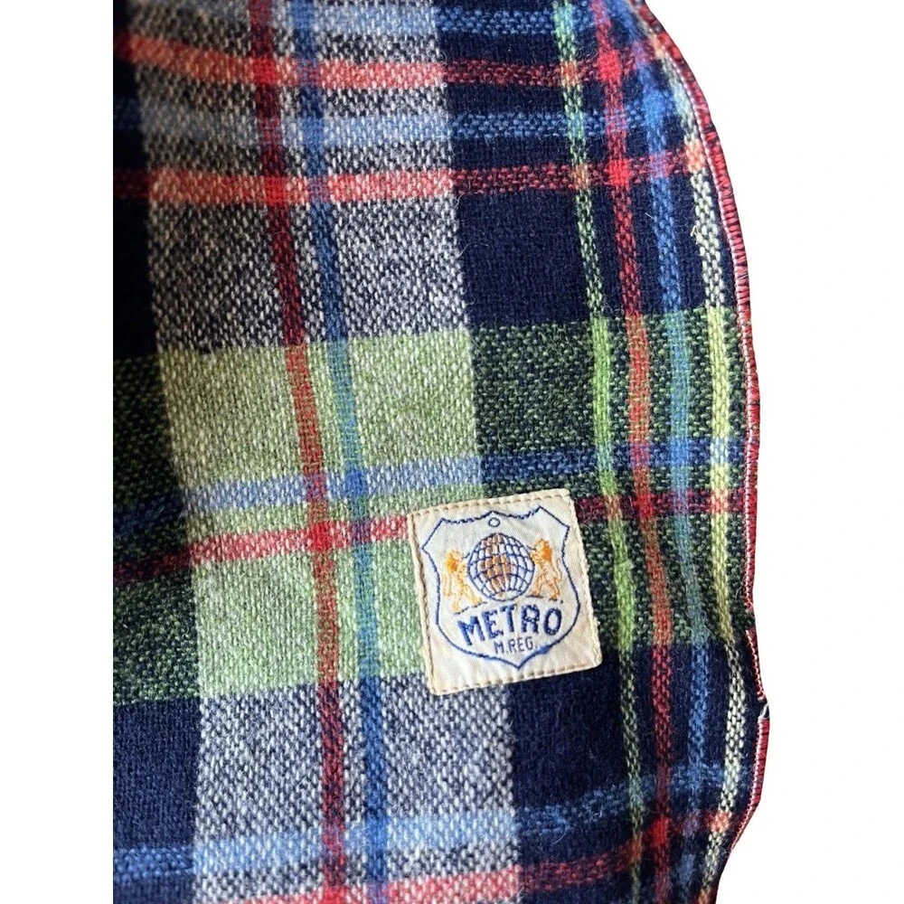 Vintage Metro Plaid Wool Scarf Green Blue Red Fringe Winter Unisex Retro